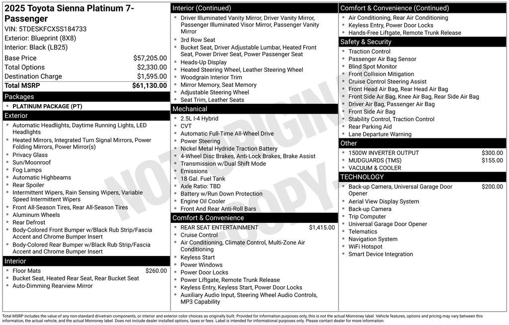 2025 Toyota Sienna Platinum 7 Passenger