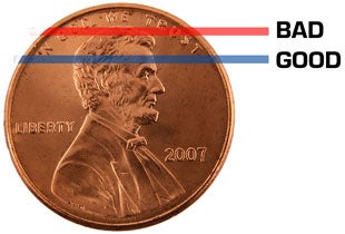 Illustration of tread locations measured on a penny